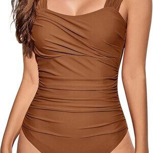 VECENEY Women's Square Neck  Tummy Control One Piece Swimsuit Brown Size Medium